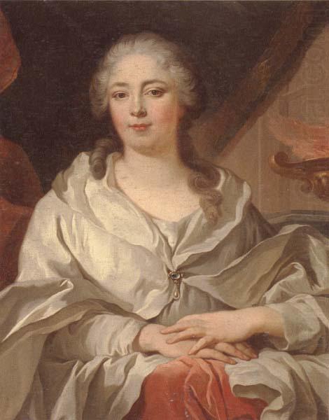 Portrait of a lady,half-langth seated,wearing an ivory dress and mantle with a pearl brooch,by a draped curtain and a flaming urn, unknow artist
